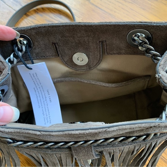 New Rebecca Minkoff Edie Fringe Quilt Suede Crossbody Bag Purse Handbag, Porcini - Picture 9 of 14